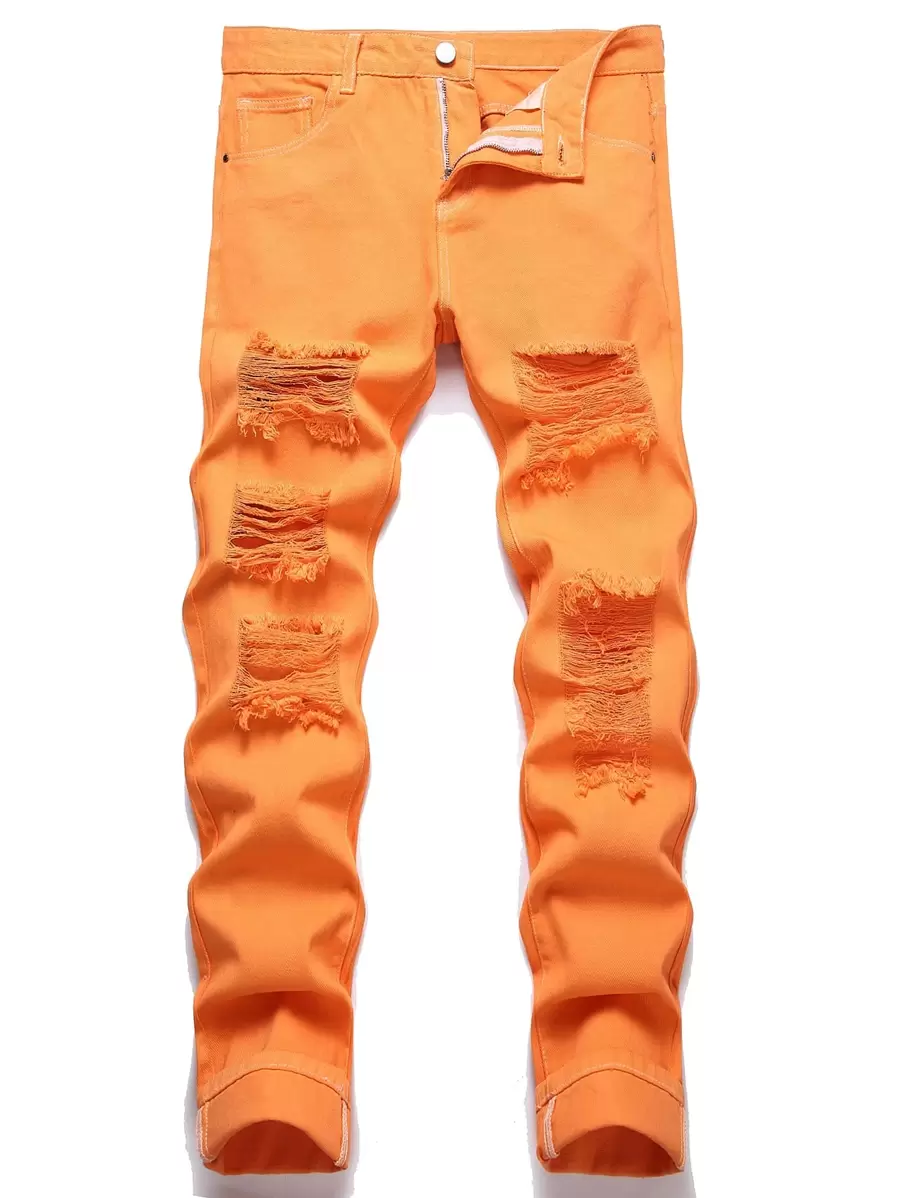 Quần Jeans Nam Ôm Thẳng Rách - trái cam - Xem 1