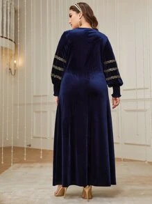 Al Najma 加大灯笼袖撞色亮片法兰绒连衣裙，适合冬季超长女装