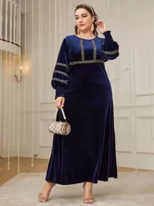 Al Najma 加大灯笼袖撞色亮片法兰绒连衣裙，适合冬季超长女装