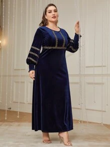 Al Najma 加大灯笼袖撞色亮片法兰绒连衣裙，适合冬季超长女装