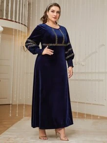 Al Najma 加大灯笼袖撞色亮片法兰绒连衣裙，适合冬季超长女装