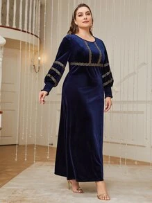 Al Najma 加大灯笼袖撞色亮片法兰绒连衣裙，适合冬季超长女装