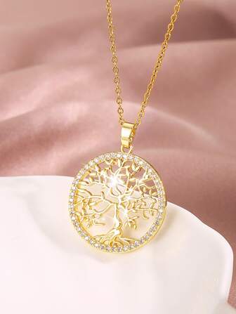 1入組水鑽和樹形裝飾圓形吊墜項鍊,不銹鋼首飾類