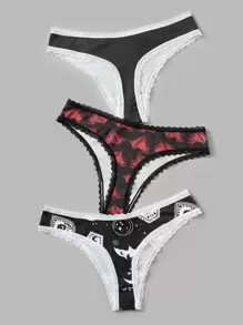 ROMWE Goth 3pack Letter Graphic Contrast Lace Panty Set - Black - View 2