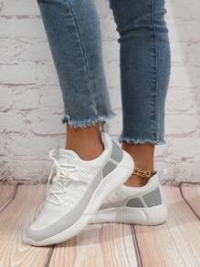 Zapatos para correr de punto de dos tonos con diseño de cordón - Blanco - Ver 3