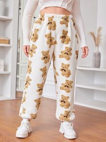 SHEIN Qutie Plus Bear Pattern Teddy Trousers - White - View 1