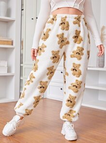 SHEIN Qutie Plus Bear Pattern Teddy Trousers - White - View 3