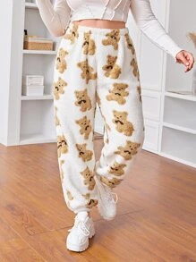 SHEIN Qutie Plus Bear Pattern Teddy Trousers - White - View 5