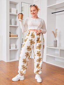 SHEIN Qutie Plus Bear Pattern Teddy Trousers - White - View 6