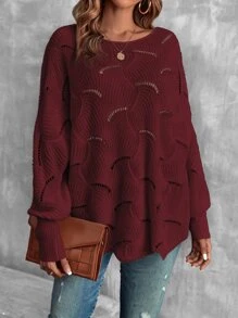 SHEIN LUNE Lantern Sleeve Pointelle Knit Jumper - Burgundy - View 1