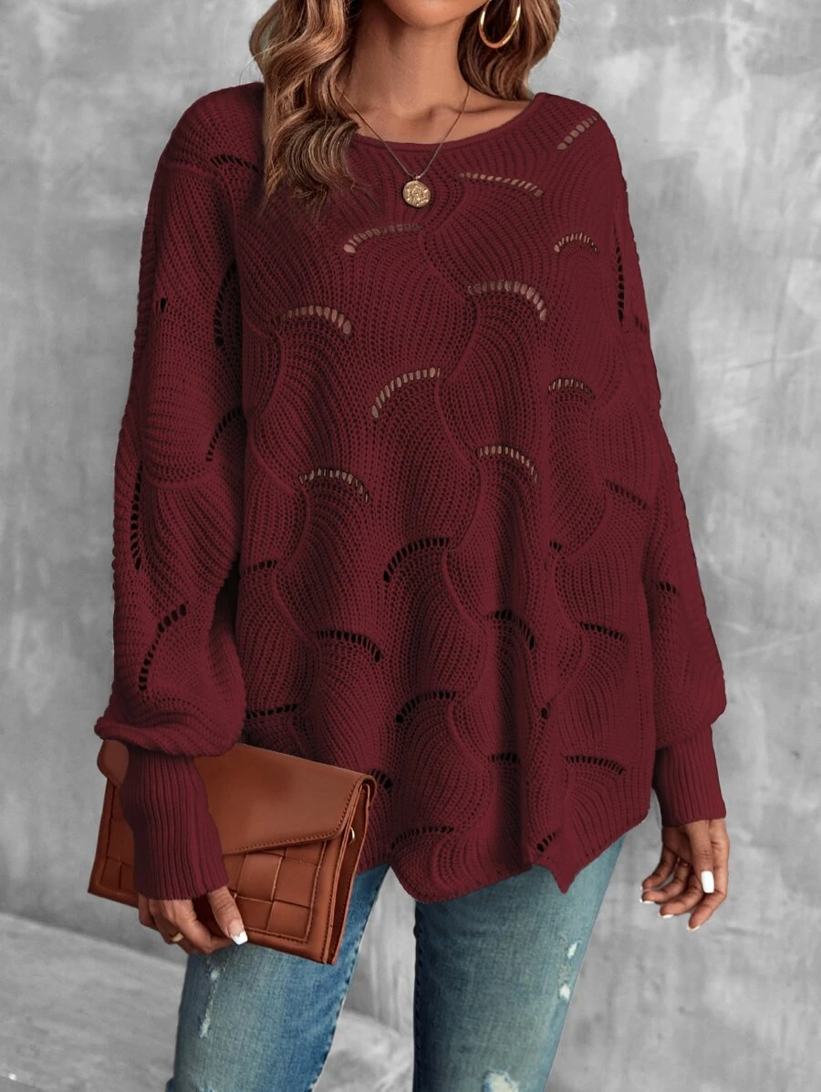 SHEIN LUNE Lantern Sleeve Pointelle Knit Jumper - Burgundy - View 1