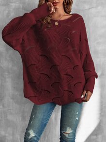 SHEIN LUNE Lantern Sleeve Pointelle Knit Jumper - Burgundy - View 3
