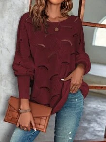SHEIN LUNE Lantern Sleeve Pointelle Knit Jumper - Burgundy - View 5