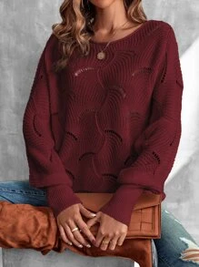 SHEIN LUNE Lantern Sleeve Pointelle Knit Jumper - Burgundy - View 7
