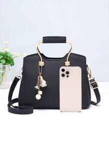 经典款手提包，女士 PU 斜挎包，时尚斜挎包，带包饰，母亲节礼物 - 黑色 - 查看 3