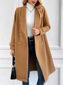 Shawl Collar Double Breasted Overcoat - Khaki - View 1