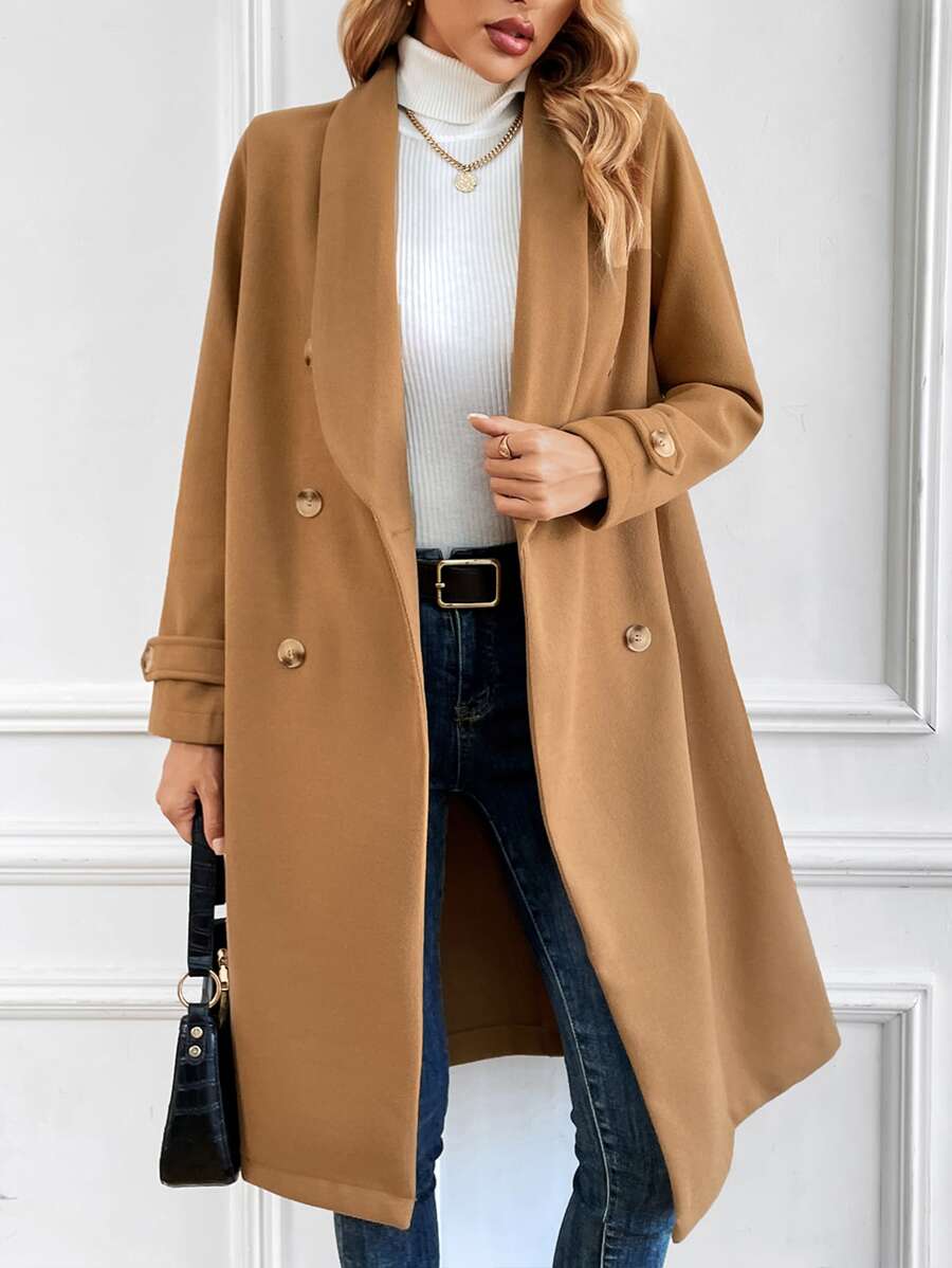 Shawl Collar Double Breasted Overcoat - Khaki - View 1