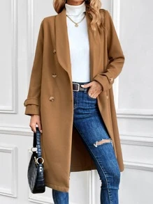 Shawl Collar Double Breasted Overcoat - Khaki - View 3