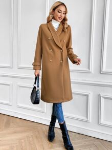 Shawl Collar Double Breasted Overcoat - Khaki - View 6