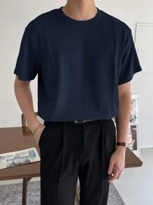 DAZY Men Solid Rib-knit Tee - Navy Blue - View 5