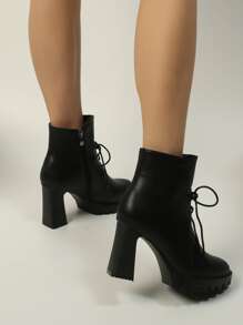Minimalist Lace-up Front Chunky Heeled Boots - Black - View 2