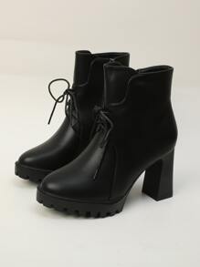 Minimalist Lace-up Front Chunky Heeled Boots - Black - View 4