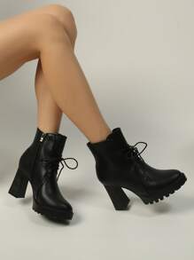 Minimalist Lace-up Front Chunky Heeled Boots - Black - View 5