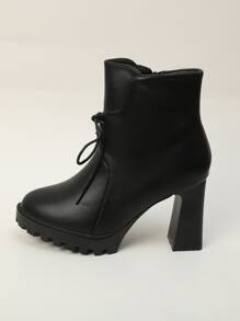 Minimalist Lace-up Front Chunky Heeled Boots - Black - View 6