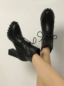 Minimalist Lace-up Front Chunky Heeled Boots - Black - View 7