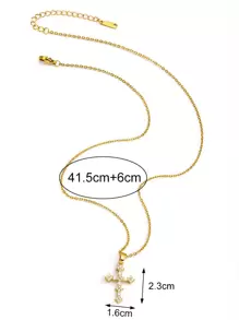 1入時尚簡約閃亮鋯石十字項鏈女士精美不銹鋼鎖骨鏈珠寶,派對生日禮物 - 金黃色 - 查看 3