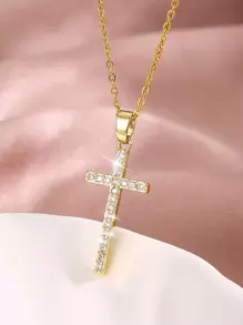 Rhinestone Cross Charm Necklace - Yellow Gold - View 1