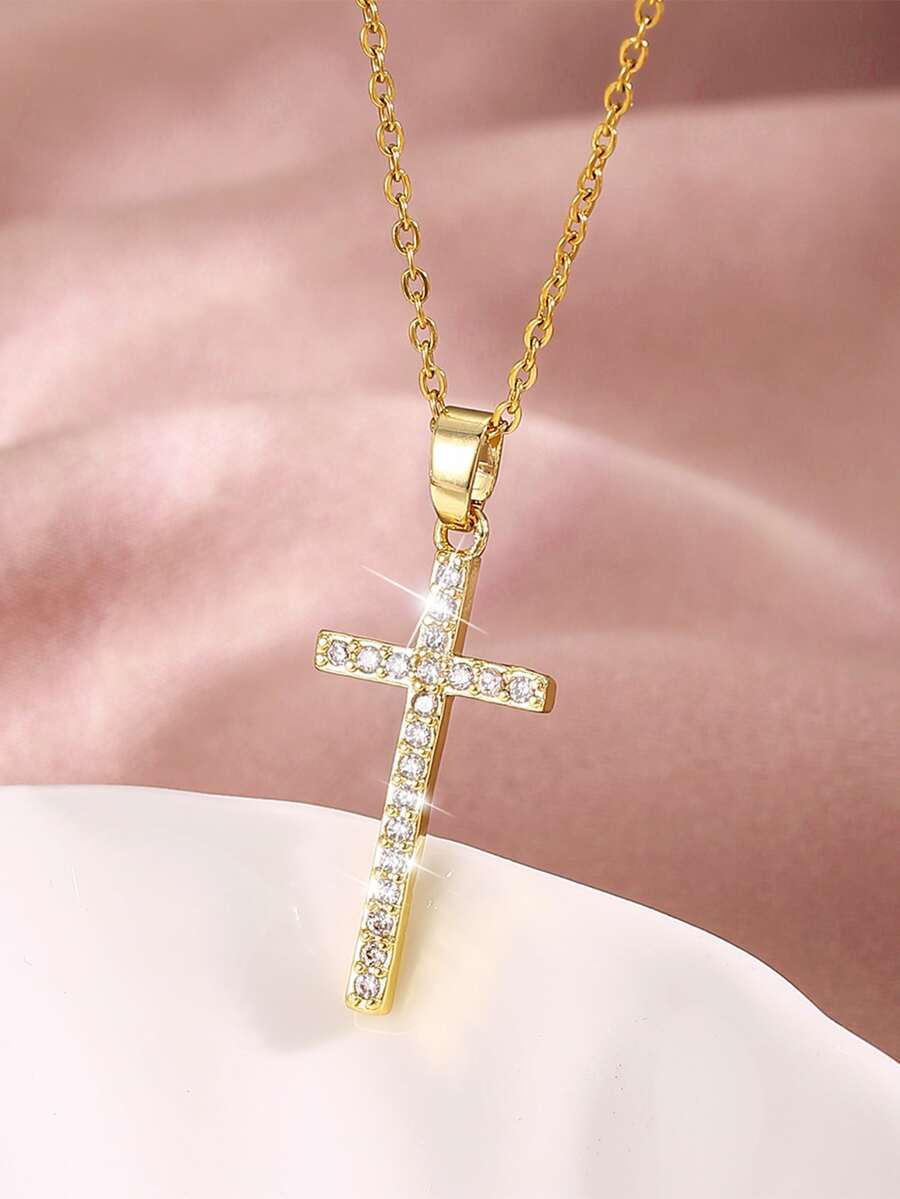Rhinestone Cross Charm Necklace - Yellow Gold - View 1