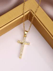 Rhinestone Cross Charm Necklace - Yellow Gold - View 2