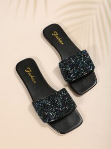 魅力四射戶外黑色平底拖鞋適用於女士水鑽裝飾素色亮片露趾涼拖 - 黑色 - 查看 3