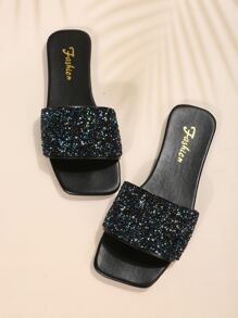魅力四射戶外黑色平底拖鞋適用於女士水鑽裝飾素色亮片露趾涼拖 - 黑色 - 查看 4