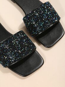 魅力四射戶外黑色平底拖鞋適用於女士水鑽裝飾素色亮片露趾涼拖 - 黑色 - 查看 6