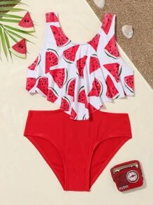 Toddler Girls Watermelon Print Hanky Hem One Piece Swimsuit - Red and White - View 1