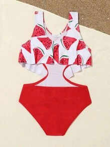 Toddler Girls Watermelon Print Hanky Hem One Piece Swimsuit - Red and White - View 2