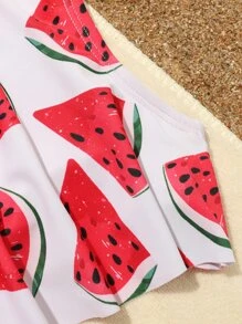 Toddler Girls Watermelon Print Hanky Hem One Piece Swimsuit - Red and White - View 3