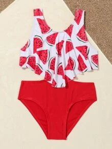 Toddler Girls Watermelon Print Hanky Hem One Piece Swimsuit - Red and White - View 5