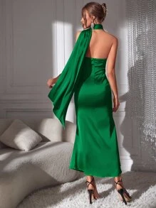 SHEIN Belle Asymmetric Detail Halter Neck Backless Satin Dress - Green - View 2
