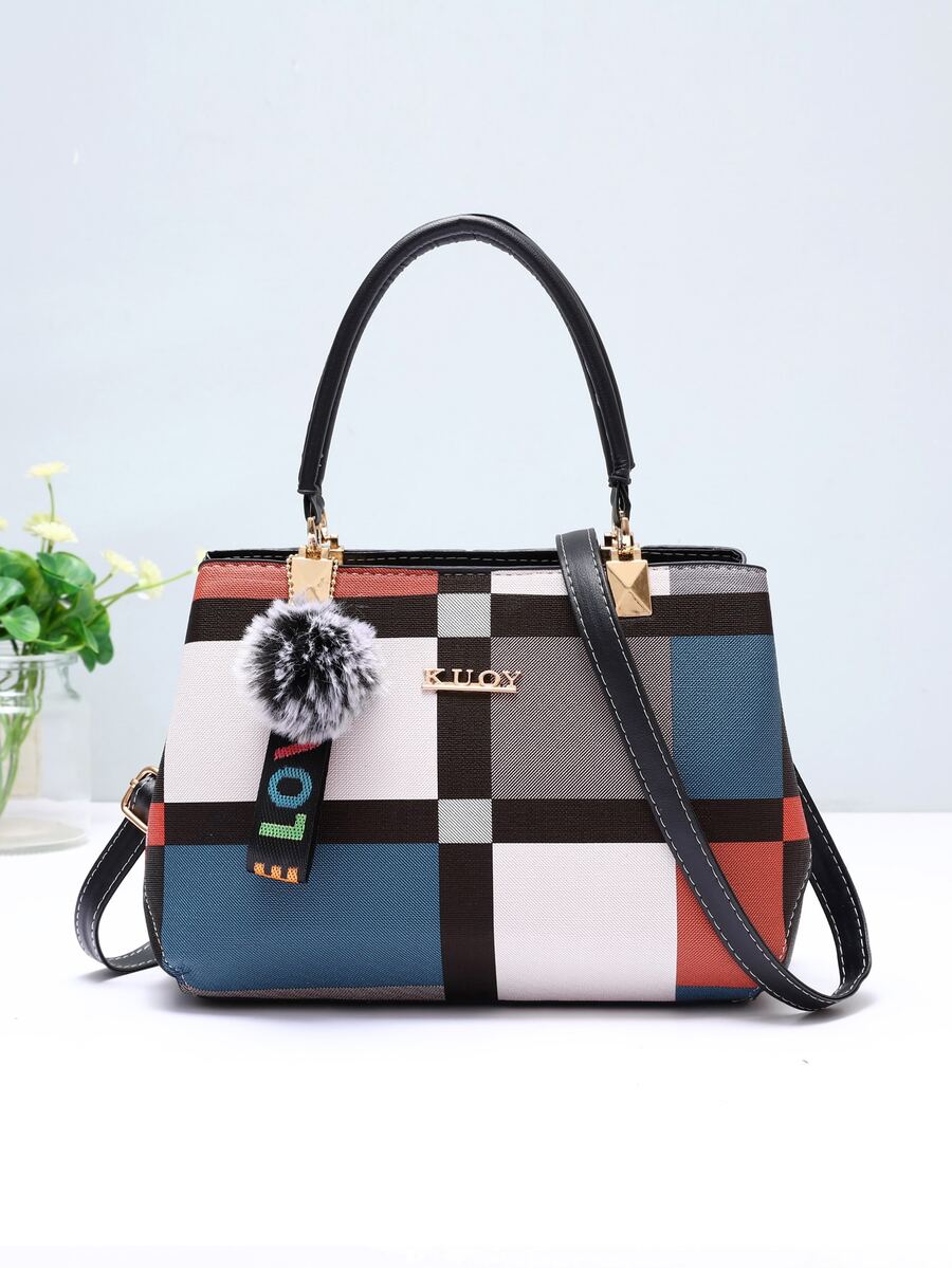 Plaid Pattern Satchel Bag, Stylish Colourblock Double Handle Purse, Women's Fashion Crossbody Bag - Multicolor - View 1