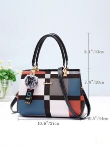 Plaid Pattern Satchel Bag, Stylish Colourblock Double Handle Purse, Women's Fashion Crossbody Bag - Multicolor - View 6