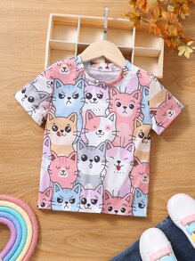 SHEIN Young Girl Cute Cartoon Cat Printed Round Neck T-Shirt - Multicolor - View 1