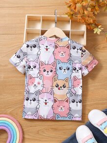 SHEIN Young Girl Cute Cartoon Cat Printed Round Neck T-Shirt - Multicolor - View 2