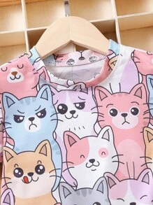 SHEIN Young Girl Cute Cartoon Cat Printed Round Neck T-Shirt - Multicolor - View 3