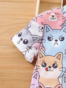 SHEIN Young Girl Cute Cartoon Cat Printed Round Neck T-Shirt - Multicolor - View 4