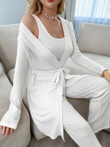 3 piezas Set homewear unicolor tejido de canalé con cinturón - Blanco - Ver 3