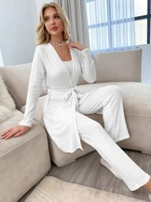 3 piezas Set homewear unicolor tejido de canalé con cinturón - Blanco - Ver 1