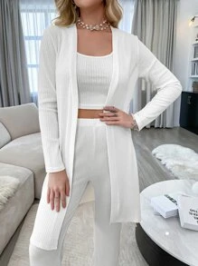 3 piezas Set homewear unicolor tejido de canalé con cinturón - Blanco - Ver 4